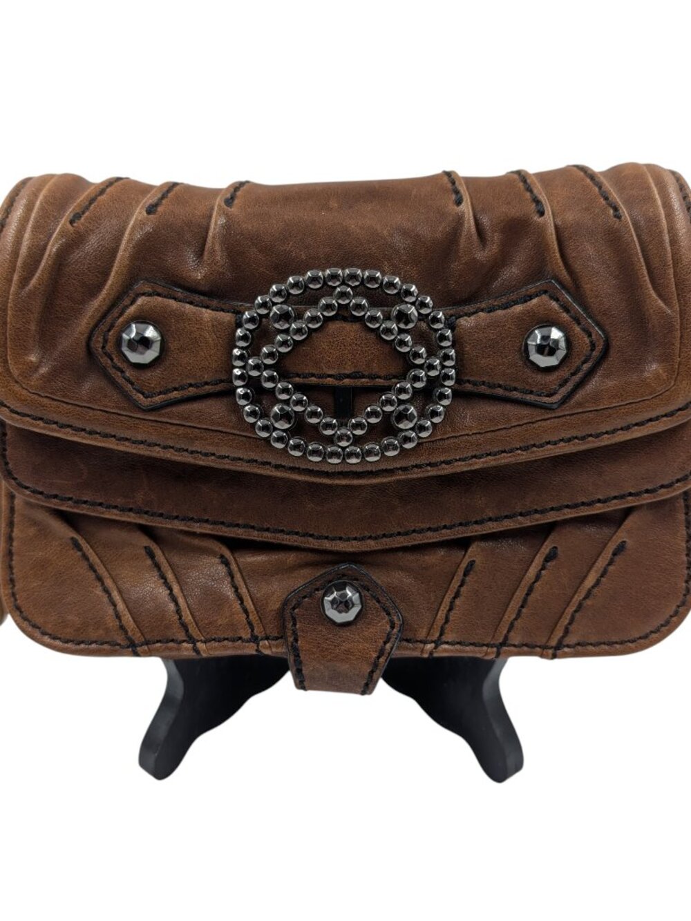 Tracy Reese Womens Brown Leather Studded Medallion 7" Wristlet Clutch Handbag